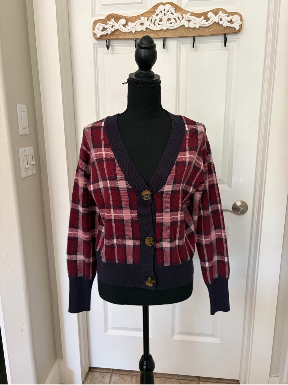 Plaid V-Neck Button-Front Cardigan Sweater - Burgundy, Navy and Pink